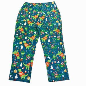 Dinosaur T-Rex Snowman Holiday Trees Whimsical Lounge Pajama Pants Size XL Teal
